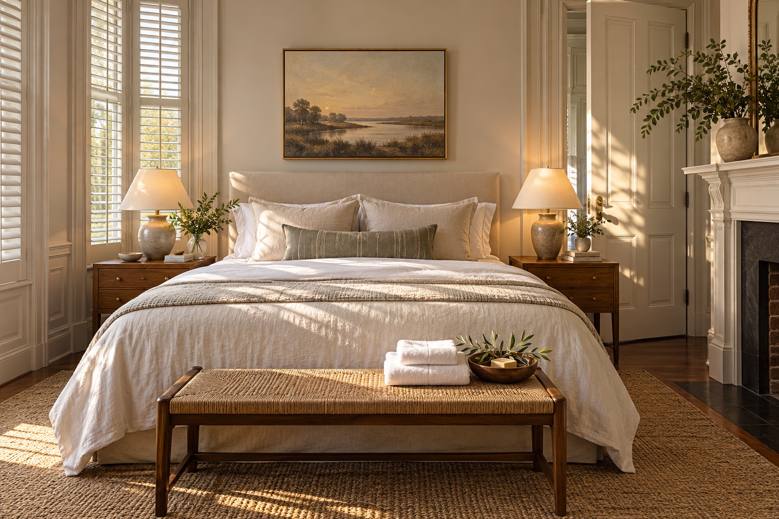 A sunlit guest bedroom with fresh linens and thoughtful welcome details.